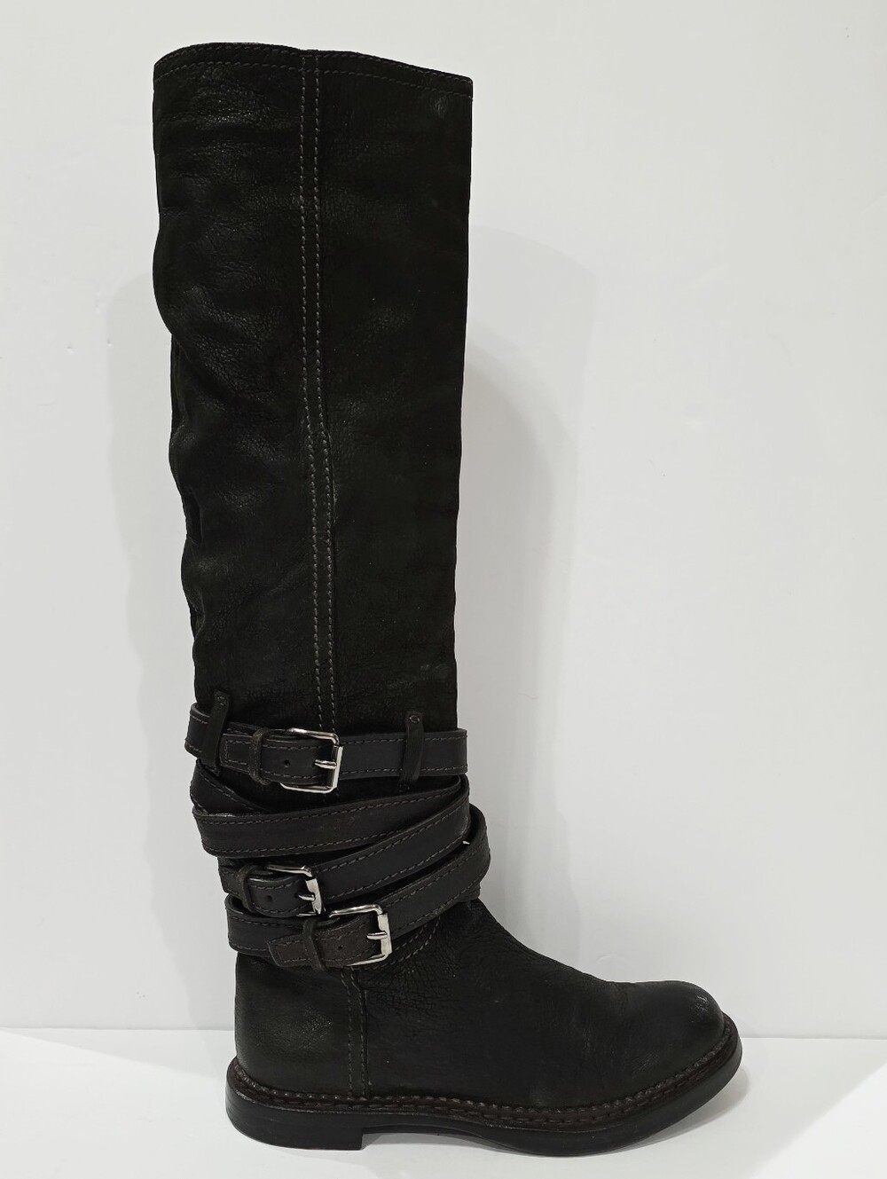 Miu Miu 5W7771 Brown Suede Leather Boot Buckle Knee High Moto Ride 35 USA 5 New